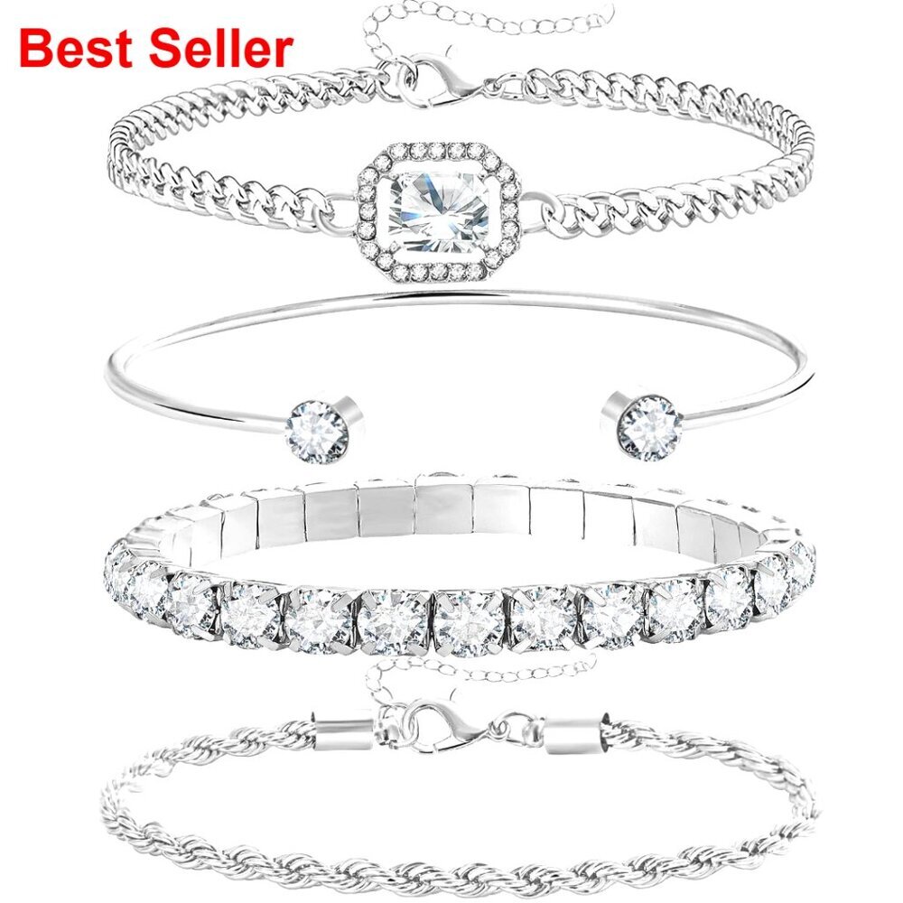 4 Pcs 14K Plated Silver Bracelets Set Link Chain Adjustable Layering